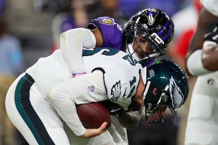 Ravens cornerback Keyon Martin sacks Eagles quarterback Tanner McKee forcing a punt during the third quarter of Saturday's preseason loss.