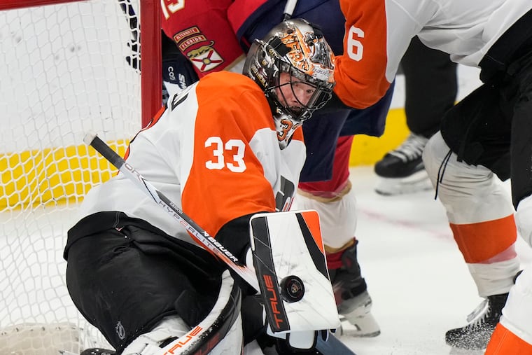 Flyers goaltender Samuel Ersson blocks a shot during the first period against the Florida Panthers.