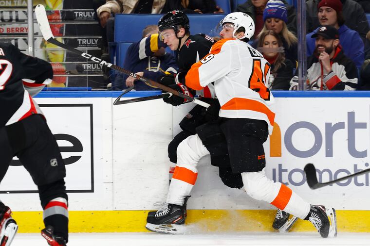 Flyers left winger Noah Cates played a role in a shutdown defensive effort from the Flyers on Monday in Buffalo.