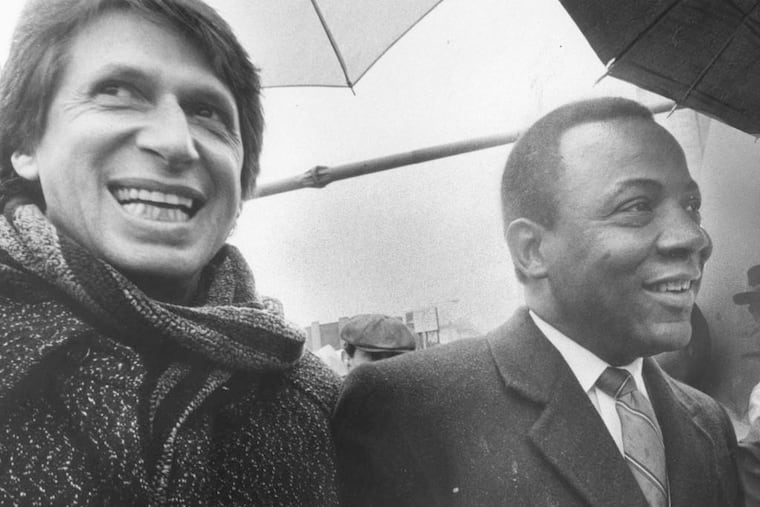 David Brenner (left) hangs out with then-Mayor Wilson Goode on Market Street in 1985.