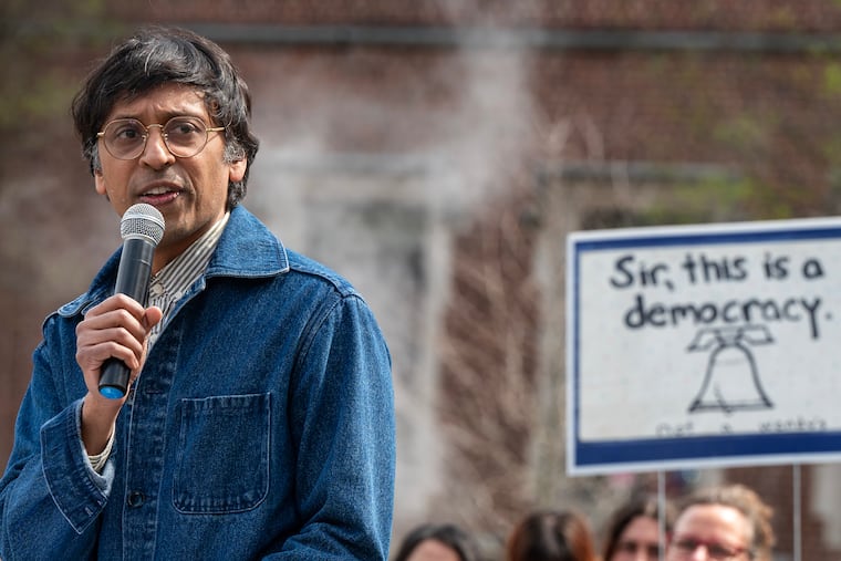 State Sen. Nikil Saval speaks at a rally at the University of Pennsylvania on March 20, 2025.