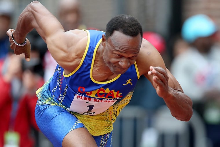 Willie Gault takes off at the start of the Masters Men’s 100 meter dash at Friday’s Penn Relays.