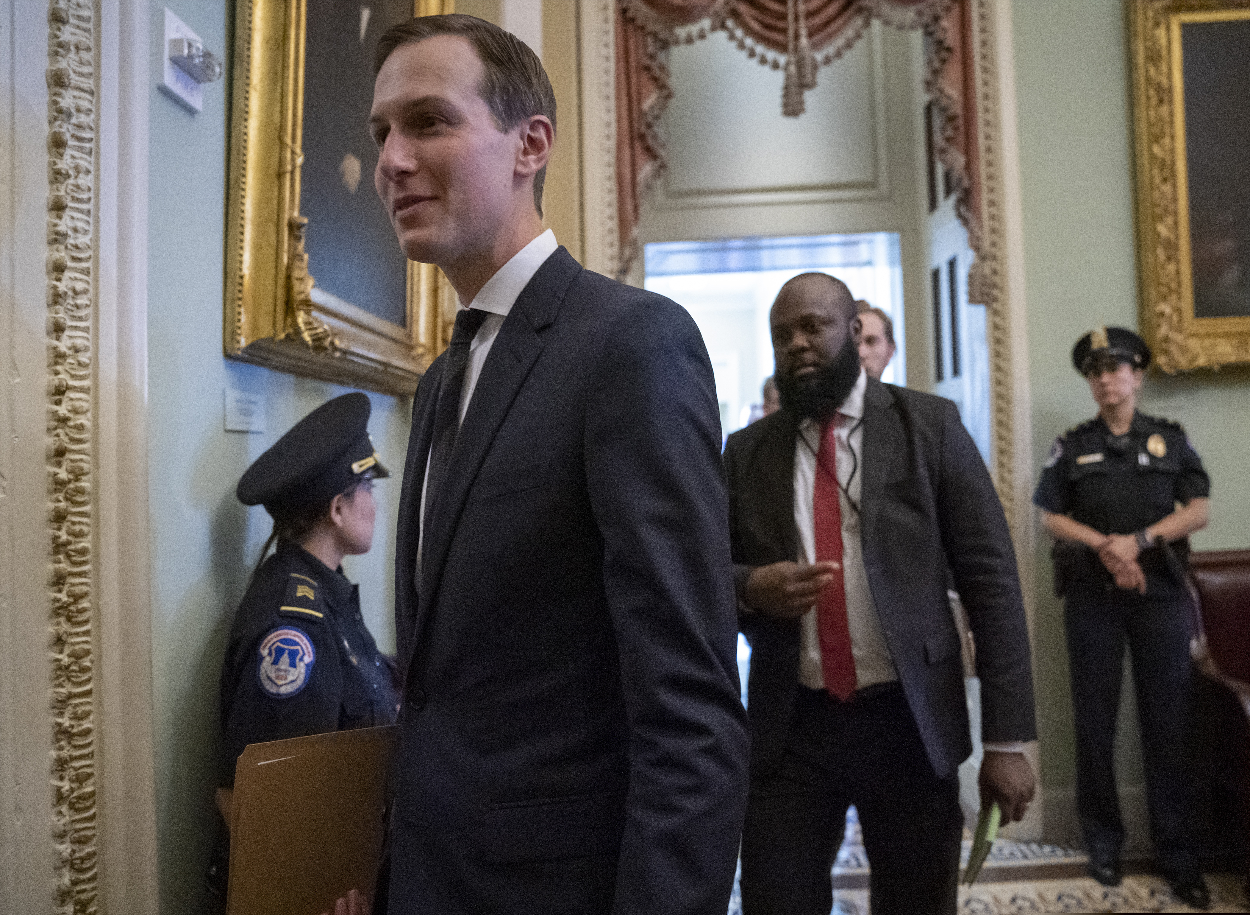 President Donald Trump's senior adviser, and son-in-law, Jared Kushner, departs the Capitol after a meeting with Senate Republicans, in Washington, Tuesday, May 14, 2019. Kushner Cos., the real estate firm owned by the family of President Donald Trump’s son-in-law Jared Kushner, has received about $800 million in federally backed debt to buy apartments in Maryland and Virginia - the company’s biggest purchase in a decade. (AP Photo/J. Scott Applewhite)