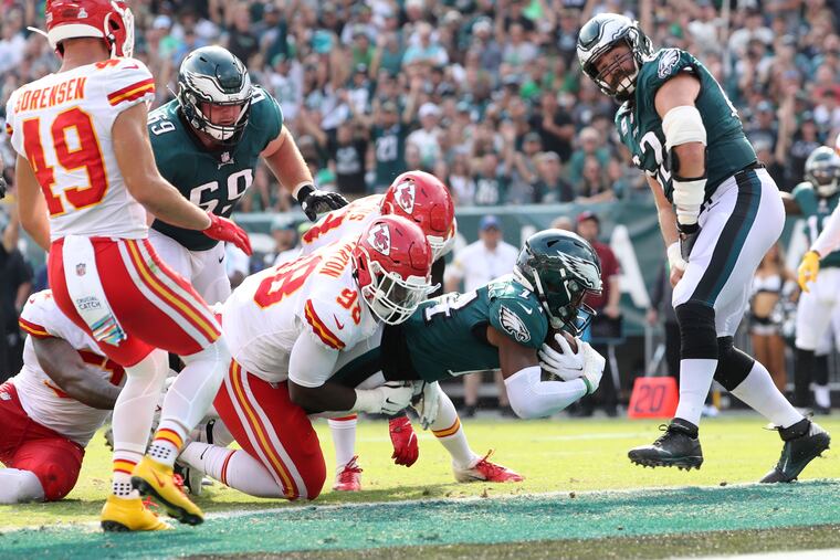 Philadelphia Eagles running back Kenneth Gainwell (14) goes up the middle for 7 yards to score during the fourth quarter against the Kansas City Chiefs Sunday, October 3, 2021 at Lincoln Financial Field in Philadelphia.
