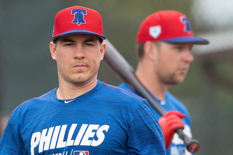 Phillies catcher, J.T. Realmuto, left, at spring training in Clearwater on Tuesday.