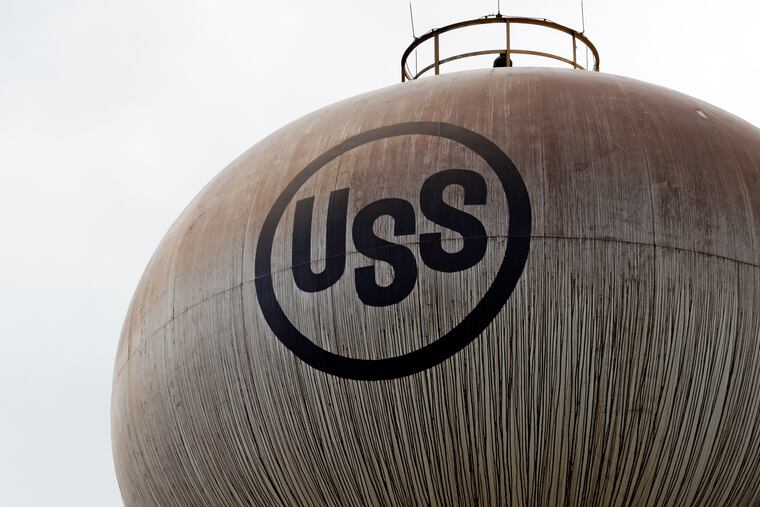 The U.S. Steel logo is seen on a water tower in Braddock, Pa., in 2019.