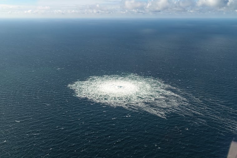A large disturbance in the sea can be seen off the coast of the Danish island of Bornholm on Tuesday.