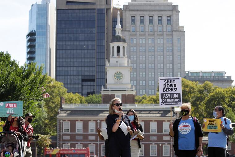 Rep. Madeleine Dean calls on President Joe Biden to end the detention of undocumented immigrants in Berks County during a 2021 demonstration at Independence Hall.