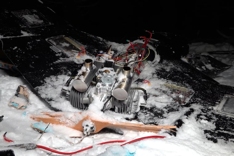 This image made from undated video provided by the Russian Defense Ministry Press Service on Wednesday shows a downed drone at an undisclosed location that it said was one of the Ukrainian drones involved in an alleged attack on a residence of President Vladimir Putin this week — a claim Kyiv has denied as a "lie."