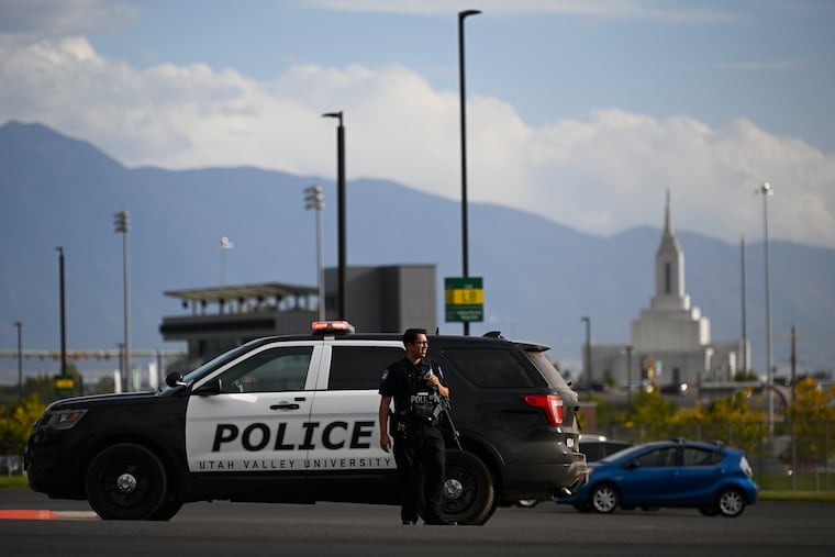 A law enforcement officer stands outside Utah Valley University on Wednesday, Sept. 10, 2025, in Orem, Utah. (AP Photo/Alex Goodlett)