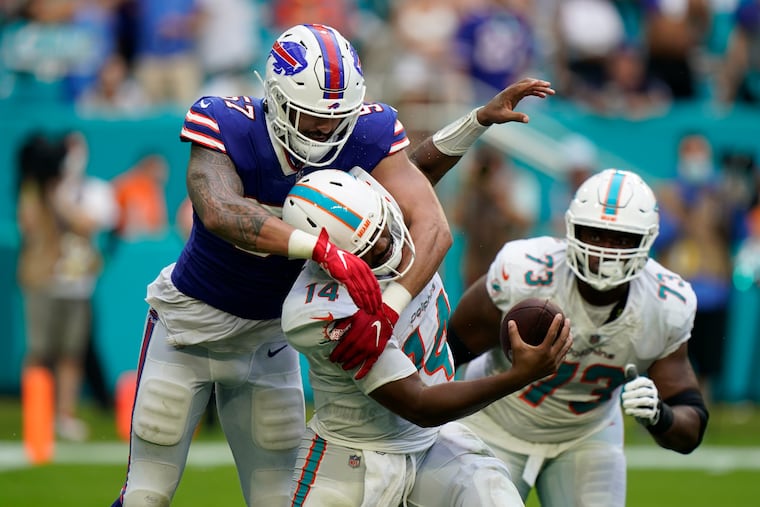 A.J. Epenesa (57) had 24 sacks in six seasons with the Buffalo Bills (2020-25).