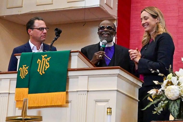 Gov. Josh Shapiro on the campaign trail for NJ gubernatorial candidate Mikie Sherrill (right) with Bishop Samuel L. Green, Sr. on Saturday, Oct. 25, 2025.