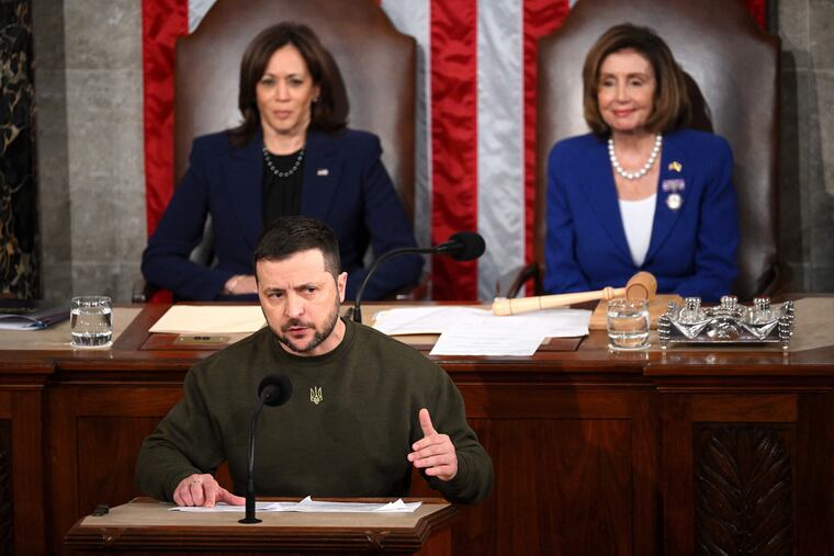 Ukrainian President Volodymyr Zelensky addresses the U.S. Congress flanked by Vice President Kamala Harris (left) and U.S. House Speaker Nancy Pelosi (D-California) at the U.S. Capitol in Washington, D.C. on Wednesday, Dec. 21, 2022.