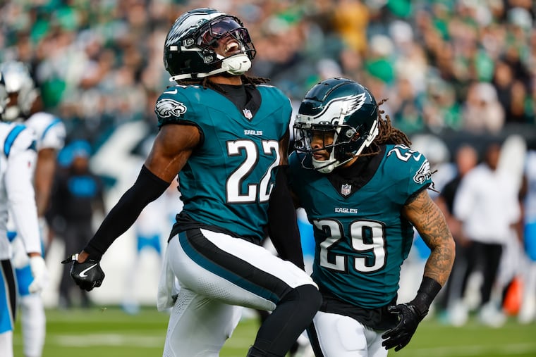Eagles cornerback Kelee Ringo (left) could vie for a starting role this season.
