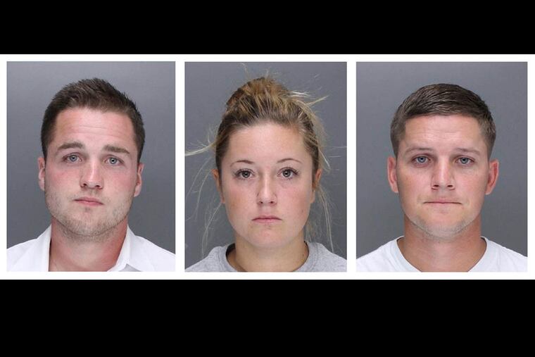 In this undated combination of images provided by the Philadelphia Police Department, Philip R. Williams, left, Kathryn G. Knott and Kevin J. Harrigan are shown. The three suburban Philadelphia defendants are being charged in the beating of a gay couple during a late-night encounter on a city street. (AP Photo/Philadelphia Police Department)