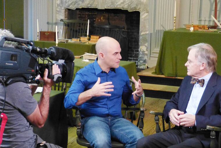 Peter Sagal (left) interviews Penn history professor Richard Beeman in the premiere of “Constitution USA.”