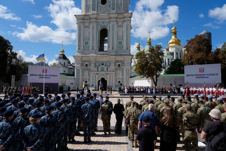 Ukrainian and foreign officials attend a ceremony marking Ukraine's Independence Day in Kyiv, Ukraine, Monday, Aug. 24, 2026.