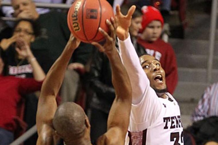 La Salle's Sam Mills has his shot blocked by Temple's Rahlir Hollis-Jefferson in the second half. (Charles Fox/Staff Photographer)