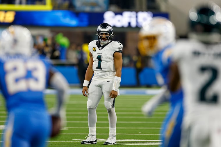 Eagles quarterback Jalen Hurts reacts to his fourth interception that ended the game.