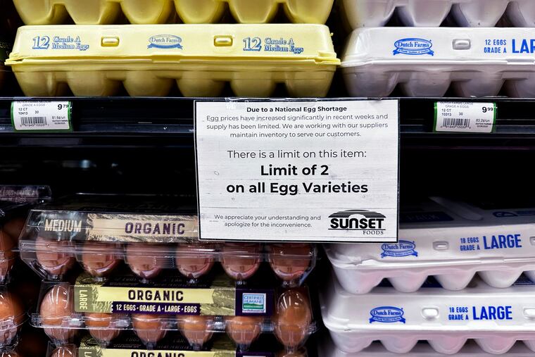 A sign is mounted on an egg display at a grocery store in Northbrook, Ill., Feb. 28, 2025.