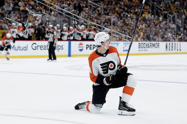 Flyers rookie Porter Martone celebrates his third-period goal against the Pittsburgh Penguins in Game 1 on April 18.