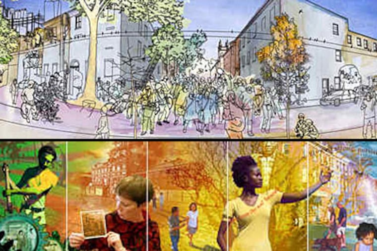 The Team 1 mural (bottom) shows different parts of the city, present and past, including the stories of neighborhoods such as Fishtown and North Philadelphia. The Team 2 mural shows an outpouring of people, reminiscent of the crowds after the Phillies won the World Series and after President Obama was elected.