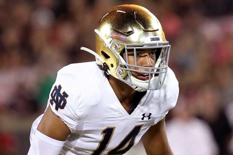 FILE - Notre Dame defensive back Kyle Hamilton is shown during an NCAA football game on Monday, Sept. 2 , 2019, in Louisville, Ky. Spring practices have seen the defense learning new schemes. The secondary again will be led by All-America free safety Kyle Hamilton, who is recovering from ankle surgery and not participating this spring. (AP Photo/Tony Tribble, File)