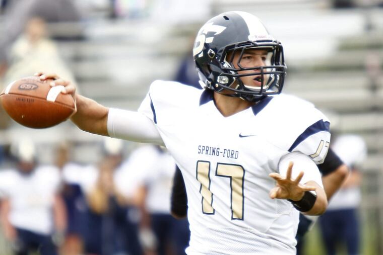 Spring-Ford quarterback T.J. Pergine looks downfield in a nonleague contest at Chester last month.