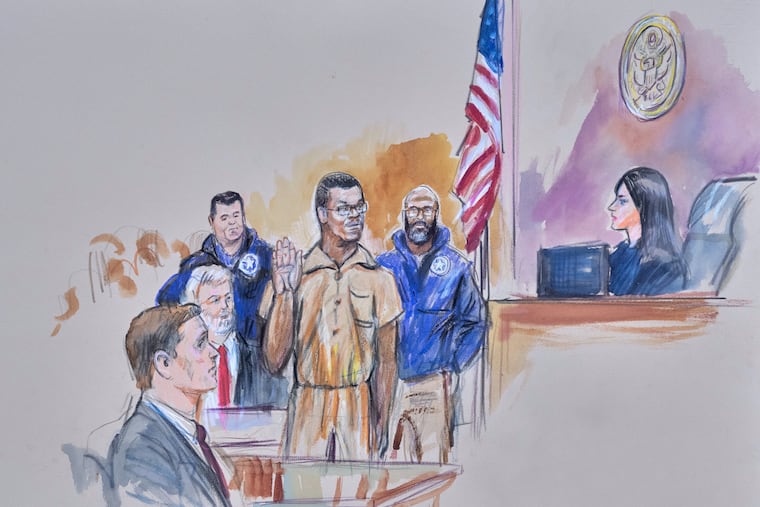 This courtroom sketch depicts Brian Cole Jr., 30, of Woodbridge, Va., the man accused of planting a pair of pipe bombs outside the headquarters of the Republican and Democratic national parties on Jan. 5, 2021, in Washington, being sworn in Friday, Dec. 5, 2025 before U.S. Magistrate Moxila Upadhyaya at Federal Court in Washington.