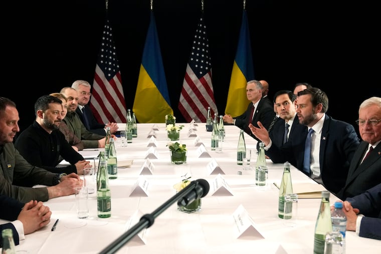 Vice President JD Vance (second from right) and U.S. Secretary of State Marco Rubio (third from right) meet with Ukraine's President Volodymyr Zelenskyy (second from left) during a bilateral meeting on the sidelines of the Munich Security Conference.
