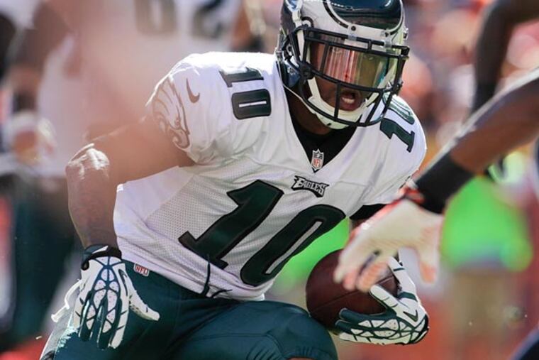 Eagles wide receiver DeSean Jackson (10) runs the ball against the Denver Broncos in the second quarter of an NFL football game, Sunday, Sept. 29, 2013, in Denver. (Joe Mahoney/AP)