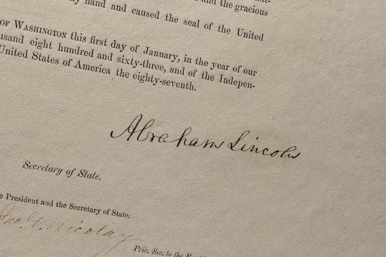 A close-up of President Abraham Lincoln's signature on the Leland-Boker broadside printing of the Emancipation Proclamation that will be auctioned by Christie's in January.