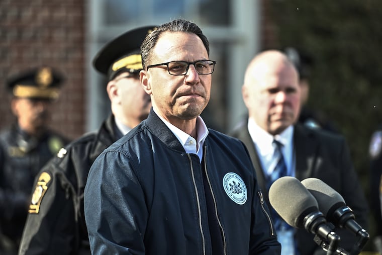 Pennsylvania Gov. Josh Shapiro pauses during a news conference at the governor's official residence discussing the alleged arson that forced him, his family, and guests to flee in the middle of the night on the Jewish holiday of Passover in April.