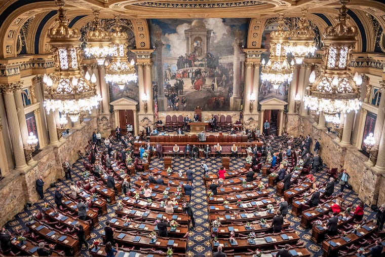 One-fourth of the Pennsylvania House of Representatives are sworn in Tuesday, Jan. 5, 2021, at the state Capitol in Harrisburg. The ceremony marks the convening of the 2021-2022 legislative session of the General Assembly of Pennsylvania.