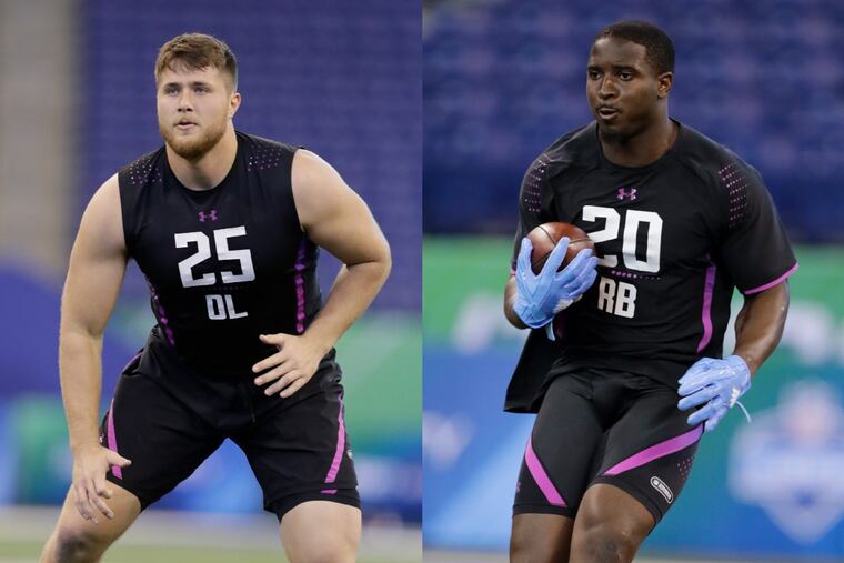 Our Eagles beat writers think the team has a good chance of taking Kolton Miller (left) or Sony Michel with the 32nd pick in Thursday’s draft.