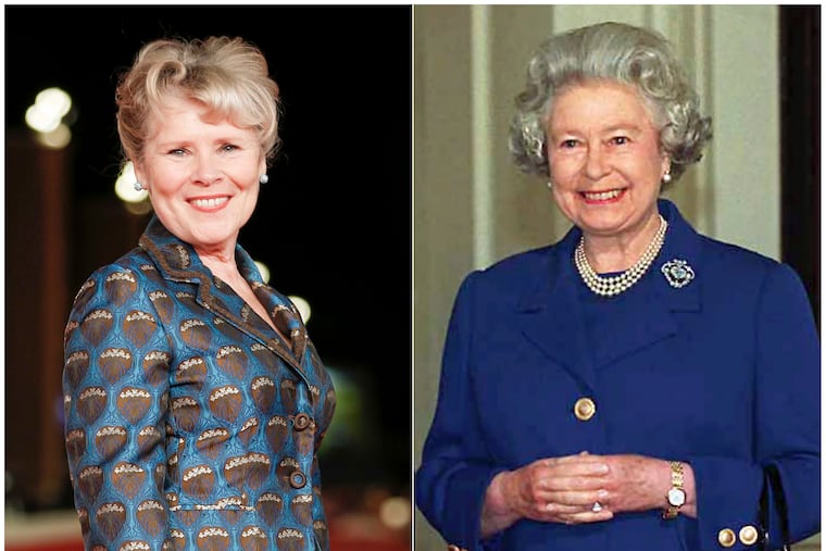 Actress Imelda Staunton (left) on the red carpet for the movie "Downton Abbey" at the Rome Film Fest in October, and Britain's Queen Elizabeth II at Buckingham Palace in 1996.