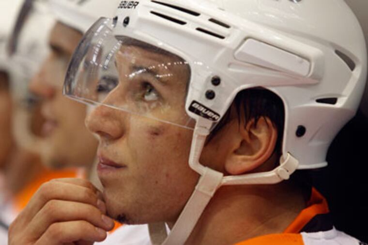 Braydon Schenn skated with the Flyers at practice on Wednesday. (AP Photo/Tony Ding)