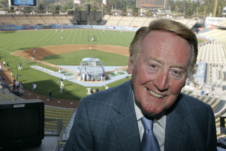 Vin Scully in the booth before a 2007 Los Angeles Dodgers game.