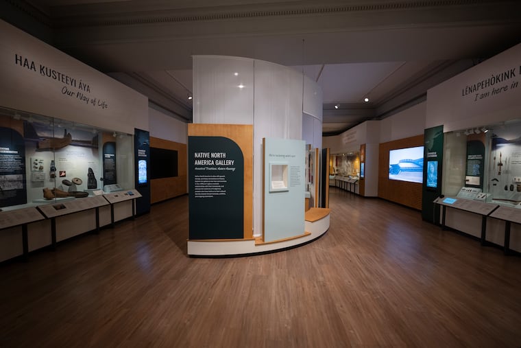 A gallery of Native American art is displayed at the Penn Museum on Friday, Nov. 21, 2025, in Philadelphia. As celebrations of Native American culture and precolonial Philadelphia plants grow, museums across the city prepare for America’s 250th birthday.