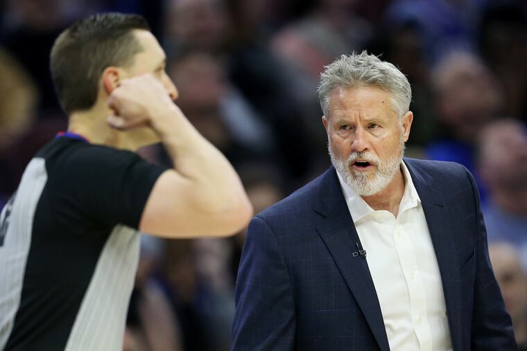 Sixers head coach Brett Brown glares at an official during a game against the Oklahoma City Thunder at the Wells Fargo Center in South Philadelphia on Saturday, Jan. 19, 2019. The Sixers lost 117-115.