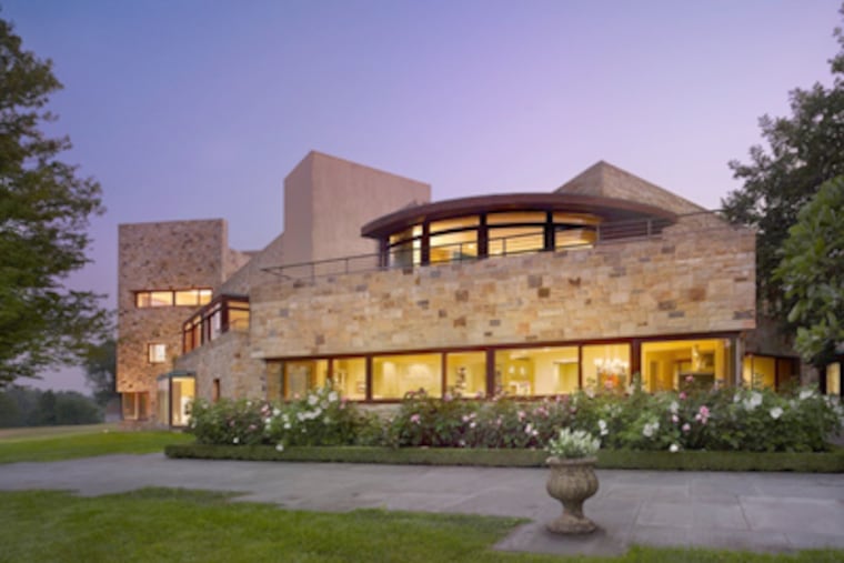 The main house, designed by Kimmel Center architect Rafael Vinoly, is built of stone, wood, glass, and Venetian glazed plaster. The Fort Washington estate is owned by Dennis Alter, former chief executive of Advanta.