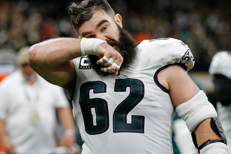 Eagles center Jason Kelce wipes his face on the sidelines against New Orleans Saints in a NFC Divisional playoff game on Sunday, January 13, 2019 in New Orleans.