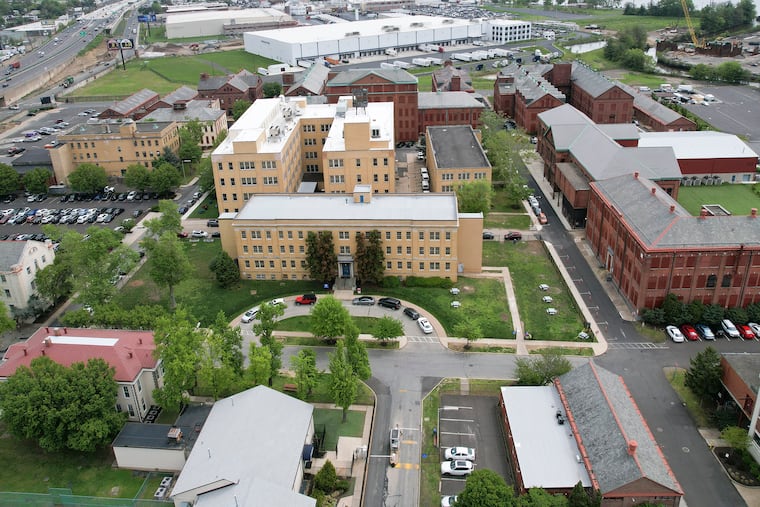 An overhead view of the Franklin Towne Charter High School and surrounding complex.