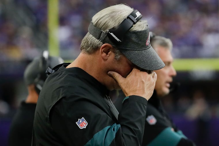 Eagles Head Coach Doug Pederson wipes his face late in the game against the Minnesota Vikings on Sunday, October 13, 2019 in Minneapolis. The Viking beat the Eagles 38-20.