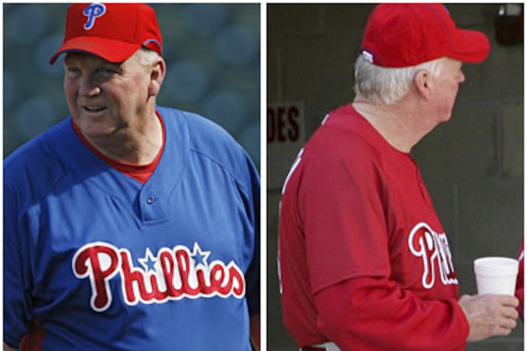 The chubbier Charlie Manuel , above, during the 2007 division series playoff in Denver, and the Phils manager in January, 50 pounds lighter about a year into his Nutrisystem makeover. (DAVID ZALUBOWSKI / AP)