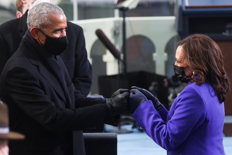 Former President Barack Obama greets Vice President Kamala Harris ahead of President Joe Biden's inauguration, Wednesday, Jan. 20, 2021, at the U.S. Capitol in Washington.