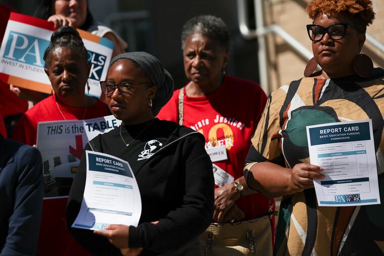 Student Fatoumata Sidibe (left) attends a news conference before the Basic Education Funding Commission hearing at Philadelphia School District headquarters on Thursday, Sept. 14, 2023. The Pennsylvania legislature has been holding hearings on the state of school funding across the state.
