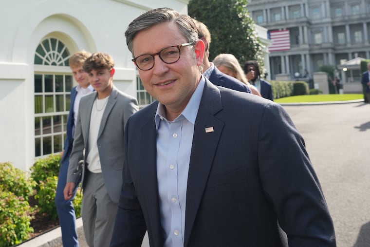 House Speaker Mike Johnson of La., arrives at the White House ahead of the UFC Freedom 250 on the South Lawn, Sunday, June 14, 2026, in Washington.