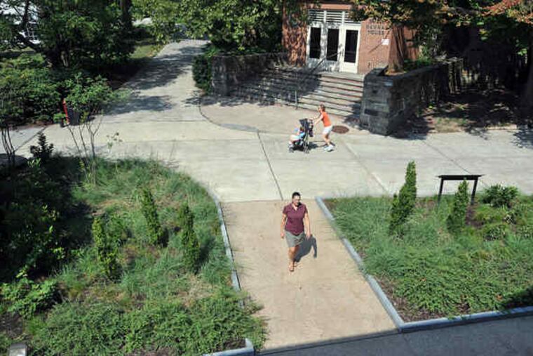 On each side of the path where garden designer Robin Potter walks are the plantings she placed to re-create the spirit of The Solitude's gardens. Behind her is the zoo's small-mammal house, which originally was the site of the kitchen for The Solitude.