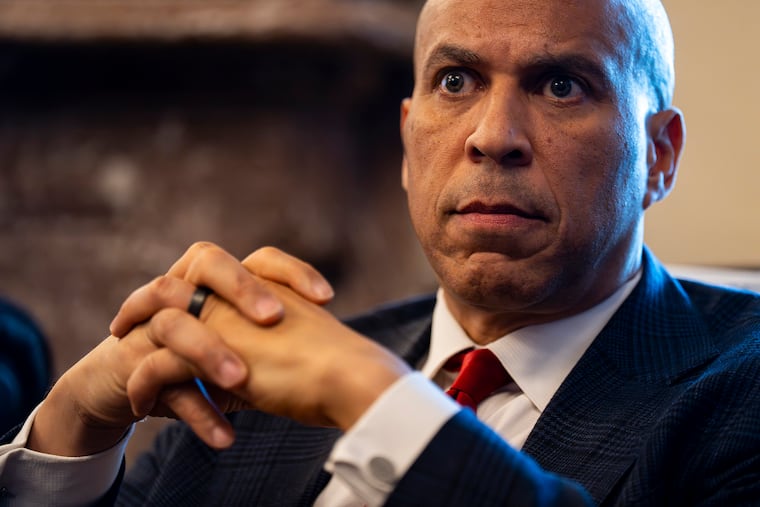 FILE — Sen. Cory Booker (D-N.J.) during a briefing in the Capitol in Washington on Monday, March 9, 2026. Senator Cory Booker said Sunday that he had “concerns” that the candidacy of Graham Platner, the presumptive Democratic nominee for Senate in Maine, could be damaged by recent revelations, including that Mr. Platner exchanged sexual messages with women outside his marriage. (Al Drago/The New York Times)